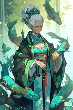 an old woman in a kimono with fish around her