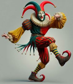 a clown is dancing with his arms outstretched and legs spread out to the side,