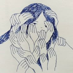 a drawing of a woman covering her face with hands