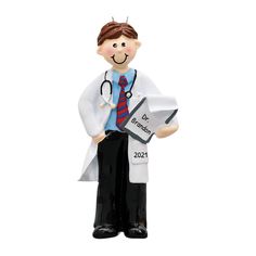 a figurine of a doctor holding a clipboard