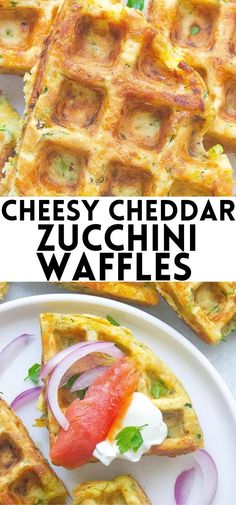 cheesy cheddar zucchini waffles with tomatoes and onions