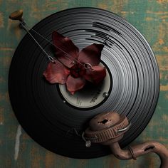 a black record with a red flower on it and an old metal spigot