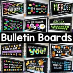 bulletin boards with words and pictures on them