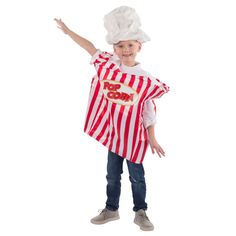 a little boy dressed up as a french fries character with his arms out and hands in the air