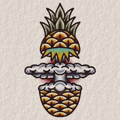 a drawing of a pineapple with clouds and rainbows on it's back