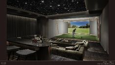 an image of a man playing golf on the television screen in his home theater room