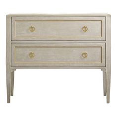 a white and gold dresser with two drawers on it's sides, against a white background