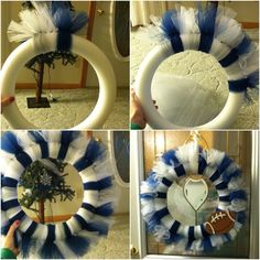 four different pictures showing how to make a football wreath with tulle and pom - poms