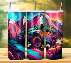 three colorful tumblers with an image of a jeep on the side and mountains in the background