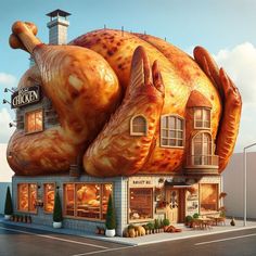 a giant chicken sitting on top of a building