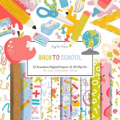 the back to school paper pad is shown with different colored papers and pencils on it