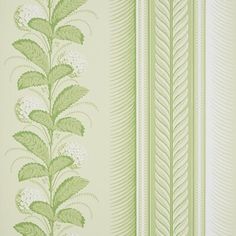 a green and white striped wallpaper with leaves on the top, bottom and bottom