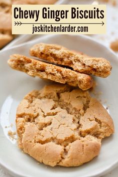 chewy ginger biscuits on a white plate with text overlay reading chewy ginger biscuits