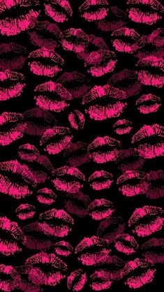 a black background with pink lipstick kisses on it's side and the word love written in red