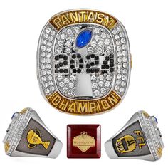 two championship rings with blue and white stones