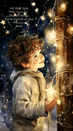 a little boy that is standing next to a pole with stars on the night sky