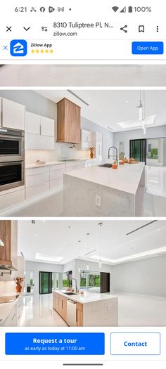 two pictures of a kitchen with white counter tops and wooden cabinets, one has an island in the middle