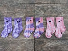 Pink and Purple Princess Tie Dyed Nike Crew Socks. The process of hand-dying textiles is a playful one that allows us to create some unique patterns that POP. Some variation in this process is natural, as not every pair will turn out the same. These small differences are something that makes us proud because it shows the extra care that was put into each design. Nike Crew Socks, Nike Crew, Purple Princess, Baby Nike, Eggplant Color, Purple Tie Dye, Purple Tie, Kids Socks, Kids Nike