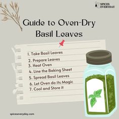 a jar filled with basil leaves next to a list