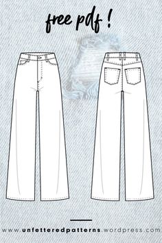 the front and back view of a women's jeans pattern, with an extra wide leg