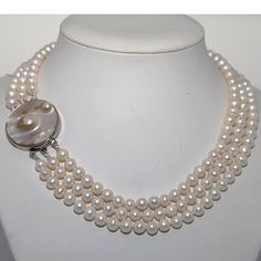 3-row White A Grade Freshwater Cultured Pearl Necklace with Mother-of-Pearl Clasp 6.5-7.5mm,17",18"/18.5". A Perfect Gift for Your Loves One. Most elegant jewelry boxes with most beautiful presentation. - 3-Row White A Grade Freshwater Cultured Pearl Necklace with Mother-of-Pearl Clasp (6.5-7.5mm), 17", 18", 18.5" - A Perfect Gift for Your Loves One. - Most elegant jewelry boxes with most beautiful presentation. - See "Special Offers & Product Promotions" below for our current coupon offers. Fre Pearl Clasp, Cultured Pearl Necklace, Pearl Types, Promotional Gifts, Elegant Jewelry, Cultured Pearls, Jewelry Boxes, Metal Stamping, Pearl Jewelry