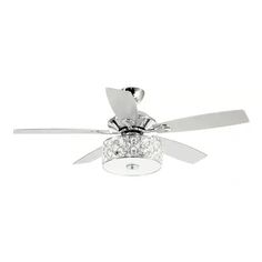 a ceiling fan with three white blades and crystal balls on the blades, against a white background