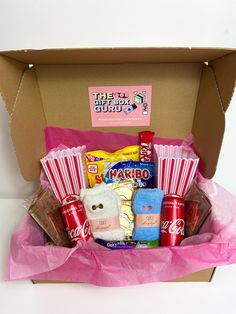 a box filled with snacks and candy