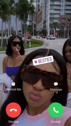 three women wearing sunglasses and talking on their cell phones with the text besties above them