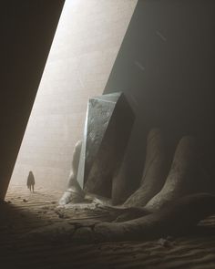 an image of a man standing in the middle of a room with large blocks on it