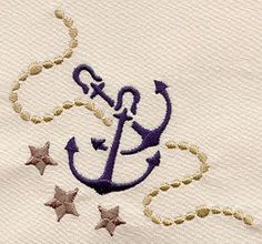 an anchor and stars embroidered on a white shirt with purple threads in the middle