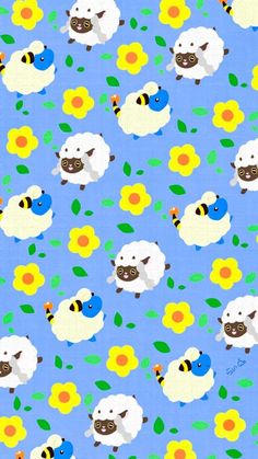 a blue background with sheep and flowers on it