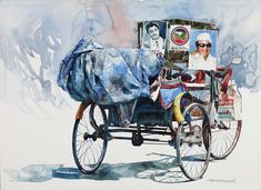 a watercolor painting of a man driving a rickshaw