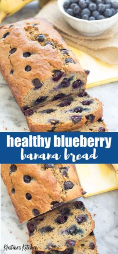 blueberry banana bread is cut in half and ready to be eaten