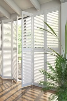 an open room with white shutters and wooden floors