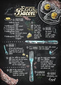 an egg and bacon recipe on a blackboard