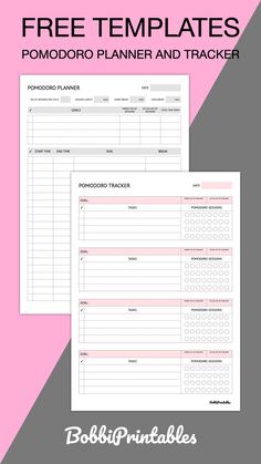 two free printable planner templates with pink background and text that reads,'free templates pomodoro planner and tracker '