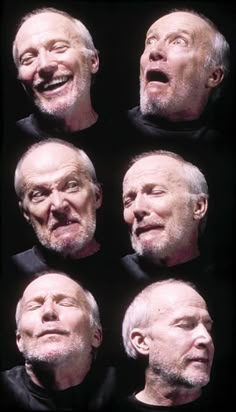 multiple shots of an older man with different facial expressions on his face and shoulders, looking up at the sky