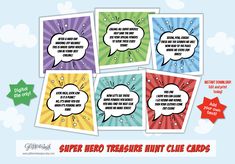 four different colored cards with speech bubbles and the words super hero treasure hunt clue cards