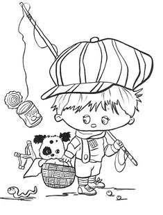 a boy with a fishing rod and a dog on the beach coloring pages for kids