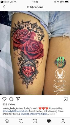 a woman's thigh with tattoos on it and roses in the shape of a heart