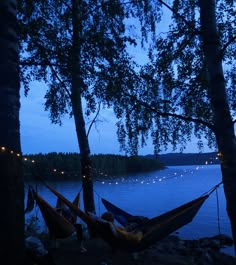 two hammocks hanging from trees next to the water at night with string lights strung across them