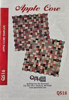 an advertisement for the apple core quilt pattern is shown in red, white and black