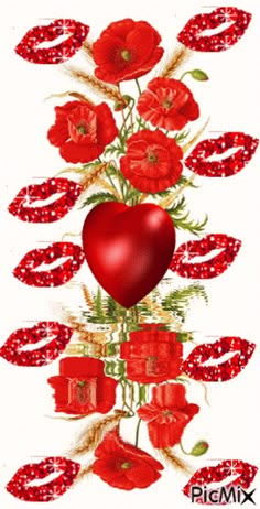 a red heart surrounded by flowers and hearts on white paper with the word love written below it