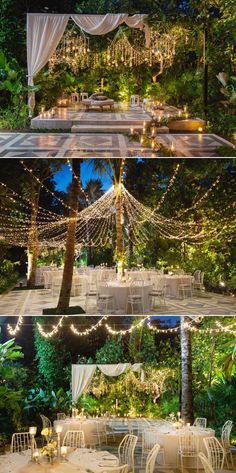 an outdoor wedding venue with white tables and chairs, surrounded by greenery at night