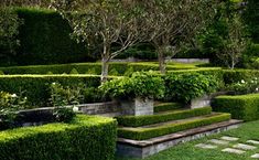 a garden with hedges and trees in it