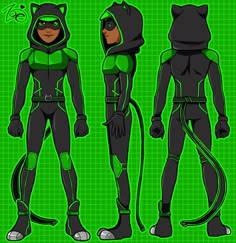 the green lantern and catwoman costumes are shown in three different poses, one is wearing a