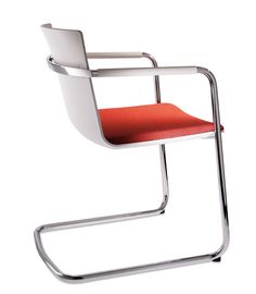 a white chair with an orange seat and metal frame