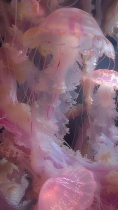 jellyfish are swimming in the water with their pink and white colors on it's body