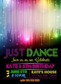 a party flyer with neon lights and streamers in the background for an upcoming dance event