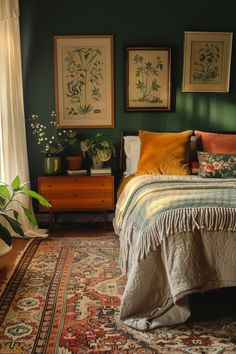 Apartment Decorating Sage Green, Deep Blue Green Bedroom, Ideas For Green Bedroom, Bedroom Ideas Orange And Green, Forest Green And Mustard Bedroom, Moody Eccentric Bedroom, Dark Green Accent Wall Bedroom Boho, Emerald Green Bed Frame Bedroom Ideas, Cozy Bedroom Eclectic